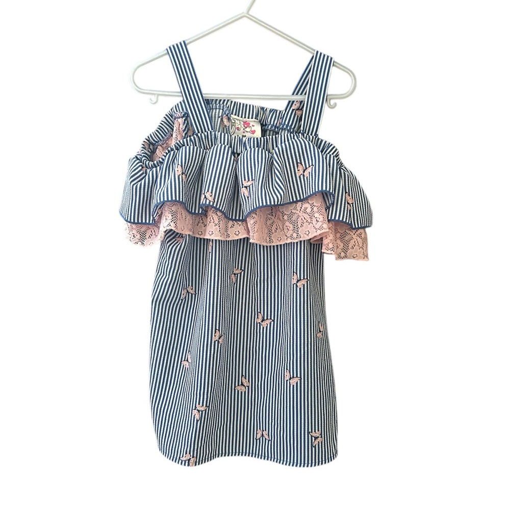 Gray and Pink Off-the-Shoulder Ruffled Blouse